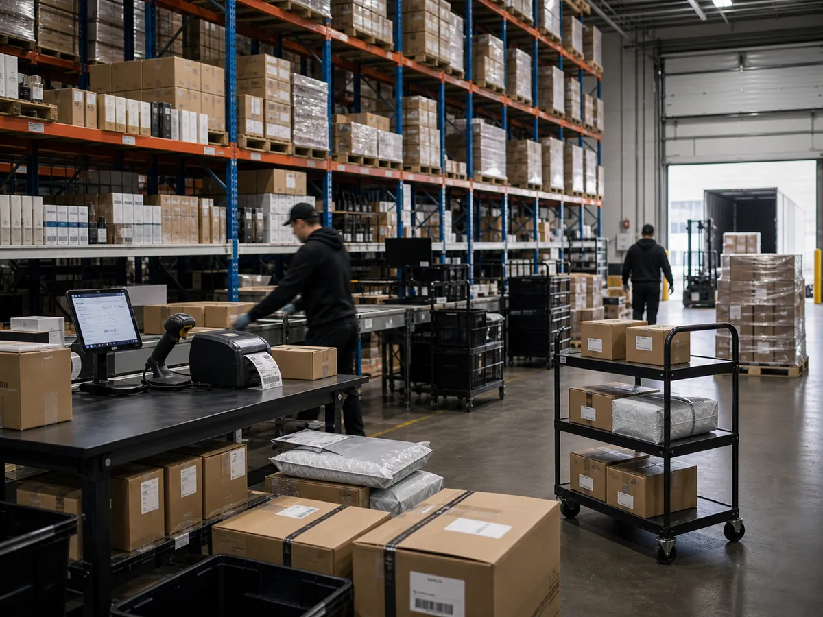 Global distribution and logistics hub with pallet racks, picking flow, and outbound carts